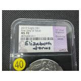 2019 1 Oz. First Day of Issue American Eagle Eliz. Jones Autographed NGC MS70 - Perfect Graded Coin!