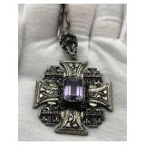 Vintage Sterling Silver & Amethyst Jerusalem Cross Pendant Necklace (45 grams total weight)