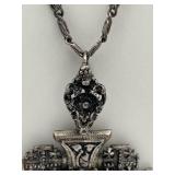 Vintage Sterling Silver & Amethyst Jerusalem Cross Pendant Necklace (45 grams total weight)