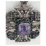 Vintage Sterling Silver & Amethyst Jerusalem Cross Pendant Necklace (45 grams total weight)