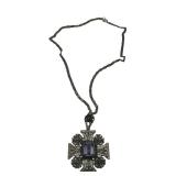 Vintage Sterling Silver & Amethyst Jerusalem Cross Pendant Necklace (45 grams total weight)