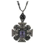 Vintage Sterling Silver & Amethyst Jerusalem Cross Pendant Necklace (45 grams total weight)