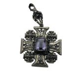 Vintage Sterling Silver & Amethyst Jerusalem Cross Pendant Necklace (45 grams total weight)