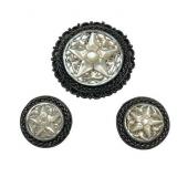 Vintage 1950s Jerusalem Mother of Pearl 935 Sterling Silver Brooch (1.5" diameter) and Clip On Earrings (1" diameter) (21 grams total weight)