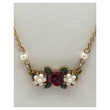 1928 Branded 16" Pearly Eden Pink Rose Enamel Faux Pearl Pendant Necklace & 1.75" Brooch