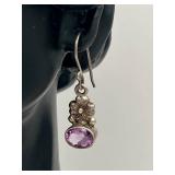 Vintage 16" Sterling Silver (925) & Amethyst Pendant with Matching Earrings (8 grams)