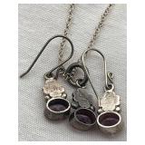Vintage 16" Sterling Silver (925) & Amethyst Pendant with Matching Earrings (8 grams)