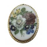 Vintage Hand Painted Oval Milk Glass Pin Brooch with Rose Flowers (1.25" x 1.75")