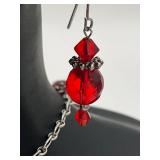 Art Deco 19" Sterling Silver and Red Glass Beaded Necklace, 8" Bracelet, and Earrings