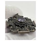 Vintage Sterling Silver & Amethyst Jerusalem Cross Pendant with 18-inch Chain