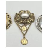 Vintage Brooch Pin Lot including 1950s Filigree and Carved Mother of Pearl