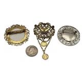 Vintage Brooch Pin Lot including 1950s Filigree and Carved Mother of Pearl