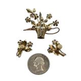 Rare Vintage Krementz Gold Tone Blue Flower Brooch & Screwback Earrings