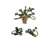 Rare Vintage Krementz Gold Tone Blue Flower Brooch & Screwback Earrings