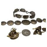 Vintage Jewelry including Spanish Galleon Brooch, Damascene Leaf Screwback Earrings and More!