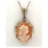 Vintage 14K Yellow Gold Cameo Pendant with 15" Necklace and 1/20 12K GF Cameo Screwback Earrings