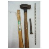 sledge hammer, large drill bit