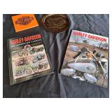 Harley Davidson Lot (Tin Sign, Glass Plates, 1999 Calendar, 2 Books)