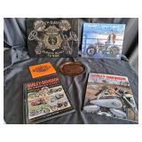 Harley Davidson Lot (Tin Sign, Glass Plates, 1999 Calendar, 2 Books)