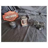 Harley Davidson lot (Sign - No cord, Oil Can ornament, Tour & Show Trailer)