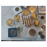 Assorted Coins, Gold Flakes, Replicas, Medallions