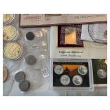 Assorted Coins, Gold Flakes, Replicas, Medallions
