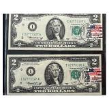 1976 Green Seal $2 Dollar Federal Reserve Notes Uncirculated with Postal Stamps