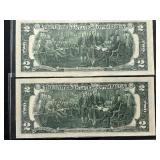 1976 Green Seal $2 Dollar Federal Reserve Notes Uncirculated with Postal Stamps