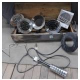 VINTAGE AMMUNITION BOX WITH 4 SUNFLOWER PROPANE HEATERS AND BUCKET HEATER