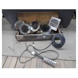 VINTAGE AMMUNITION BOX WITH 4 SUNFLOWER PROPANE HEATERS AND BUCKET HEATER
