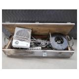 VINTAGE AMMUNITION BOX WITH 4 SUNFLOWER PROPANE HEATERS AND BUCKET HEATER