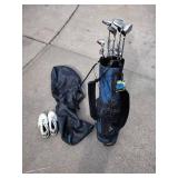 Assorted golf clubs with travel bag and nike golf shoes (adult clubs)