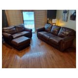 Brown leather couches with ottoman