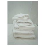 3 White Bath towels, 2 hand towels, and 1 washcloth