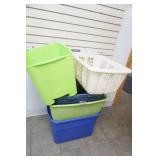 4 totes without lids & laundry basket