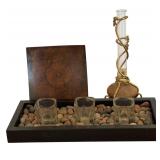 Beautiful Decor including Vase Bud, Candle Holder and Rectangular Tray with Stones and Tea Light Holders