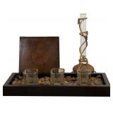 Beautiful Decor including Vase Bud, Candle Holder and Rectangular Tray with Stones and Tea Light Holders