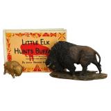 Vintage Decor including Little Elk Hunts Buffalo by Jessie Brewer McGraw and Two Buffalo Sculptures