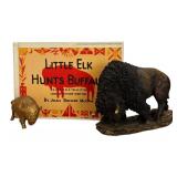 Vintage Decor including Little Elk Hunts Buffalo by Jessie Brewer McGraw and Two Buffalo Sculptures