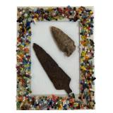 Vintage Hand Beaded Vase and Mosaic Multiple Colored Frame includes Indian Triable Spearheads