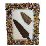 Vintage Hand Beaded Vase and Mosaic Multiple Colored Frame includes Indian Triable Spearheads