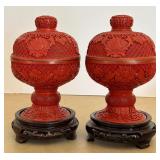 Pair of Vintage Carved Chinese Cinnabar Lacquered Ginger Jars