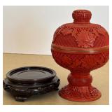 Pair of Vintage Carved Chinese Cinnabar Lacquered Ginger Jars