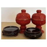 Pair of Vintage Carved Chinese Cinnabar Lacquered Ginger Jars