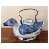 Vintage Hand Painted Blue and White Chinese Duck Shaped Teapot