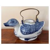 Vintage Hand Painted Blue and White Chinese Duck Shaped Teapot