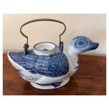 Vintage Hand Painted Blue and White Chinese Duck Shaped Teapot
