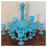 Antique Portieux Vallerysthal French Blue Opaline Decanter Cordial Set