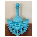 Antique Portieux Vallerysthal French Blue Opaline Decanter Cordial Set