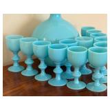 Antique Portieux Vallerysthal French Blue Opaline Decanter Cordial Set